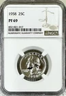 1958 WASHINGTON PROOF SILVER QUARTER NGC PF69