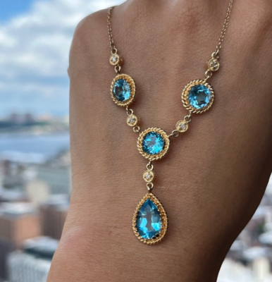 Vintage 14K Yellow Gold Teardrop Blue Zircon Festoon Necklace