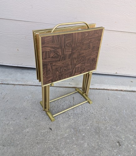 Vintage Set of 4 Faux Wood Parquet TV Tray Tables + Stand Mid Century Modern D73