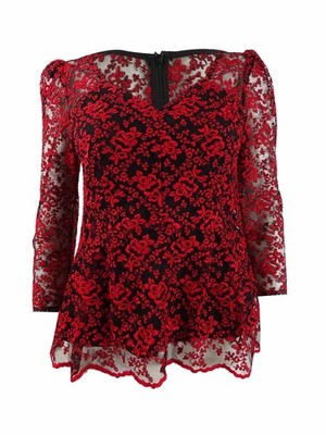 Nanette Lepore Women's Lace 3/4-Sleeve Blouse (0, Crimson) 888812347922