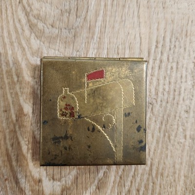 Antique Collectible Postage Stamp Box engraved with US Mailbox & Red Flag RARE