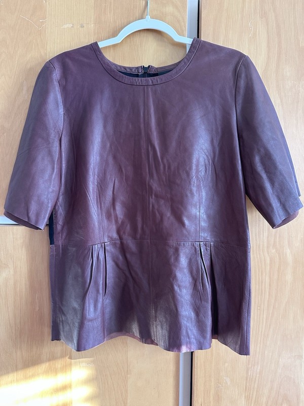 Trouvé Leather Colorblock Short Sleeve Zip Back Top L Purple Black Women's