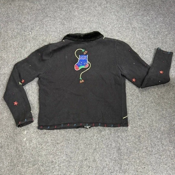 Hampshire Studio Black Christmas Zip Up Fur Collar Cardigan Sweater Women P/S - Image 4 of 4