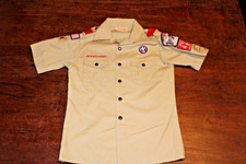 Boy Scouts of America BSA Youth Shirt Tan Large Sewn Patches Short Sleeve