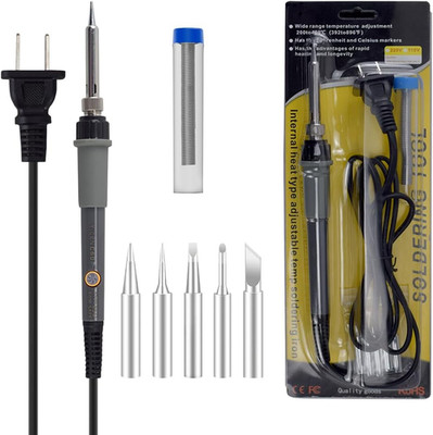 Soldering Iron Kit 60W 110V Adjustable Temperature 5 Tips Solder Wire Ceramic
