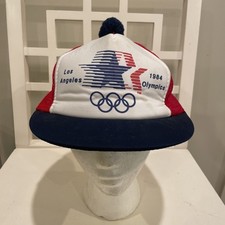 Vintage 1984 Los Angeles Olympics Snapback Hat USA Red White Blue Mesh Pom Top