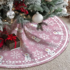 Christmas Tree Skirt Collar 48 Inch Pink Snowflakes Snowman Soft Farmhouse