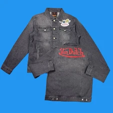 Von Dutch Jeans Mens Size M Winged Eyeball Patched Black Denim Trucker Jacket