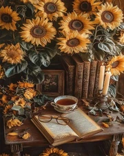 Adult Paint by Number Kits,The Theme of Sunflowers and Ancient Books, Relaxing 