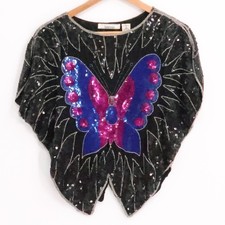 Vintage 80s Butterfly Silk Top Sequin Beaded Disco Retro Club Festival Size S