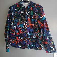 Chico's Abstract Geometric Print Button Front Jacket Multi Color Size 2 Large