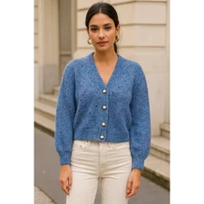 Boutique Dreamy Blue Pointelle Knit Cardigan with White Buttons Size Medium 