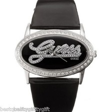 GUESS BLACK PATENT LEATHER STRAP+CRYSTAL SURROUNDED SILVER OVAL DIAL-W85029L1
