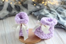 Handmade Crochet Booties for girl 0  6 Months   Soft Plush Shoes, Newborn Gift