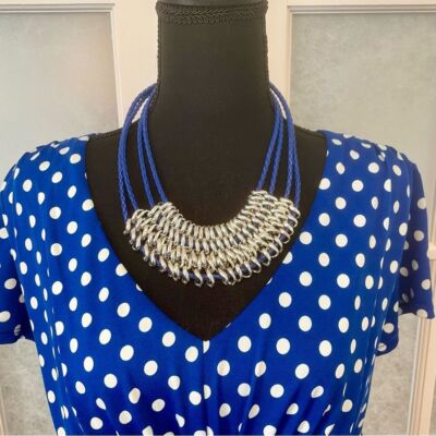 Unique Vintage Blue Leather and Silver Tone Chain Link  Necklace Claw Clasp