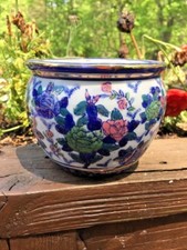 Vintage Chinese Koi Coi Pond Bowl Miniature Floral Cobalt Blue & Pink 3.5h 4.5w