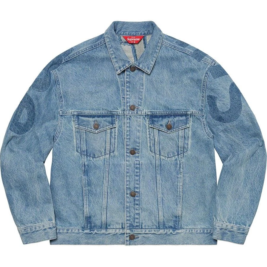 Supreme Inset Logo Denim Trucker Jacket Washed Blue XL