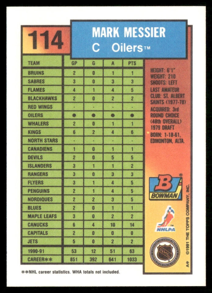 Mark Messier 1991-92 Bowman #114 Edmonton Oilers - Image 2 of 2