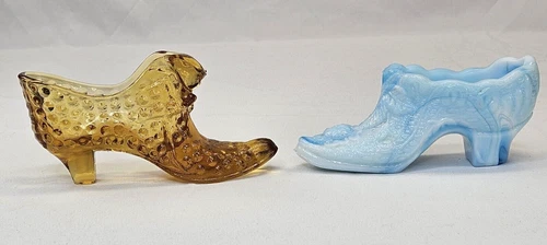 Vintage Fenton Glass Shoe Lot Blue Amber Cat Figurine Slipper