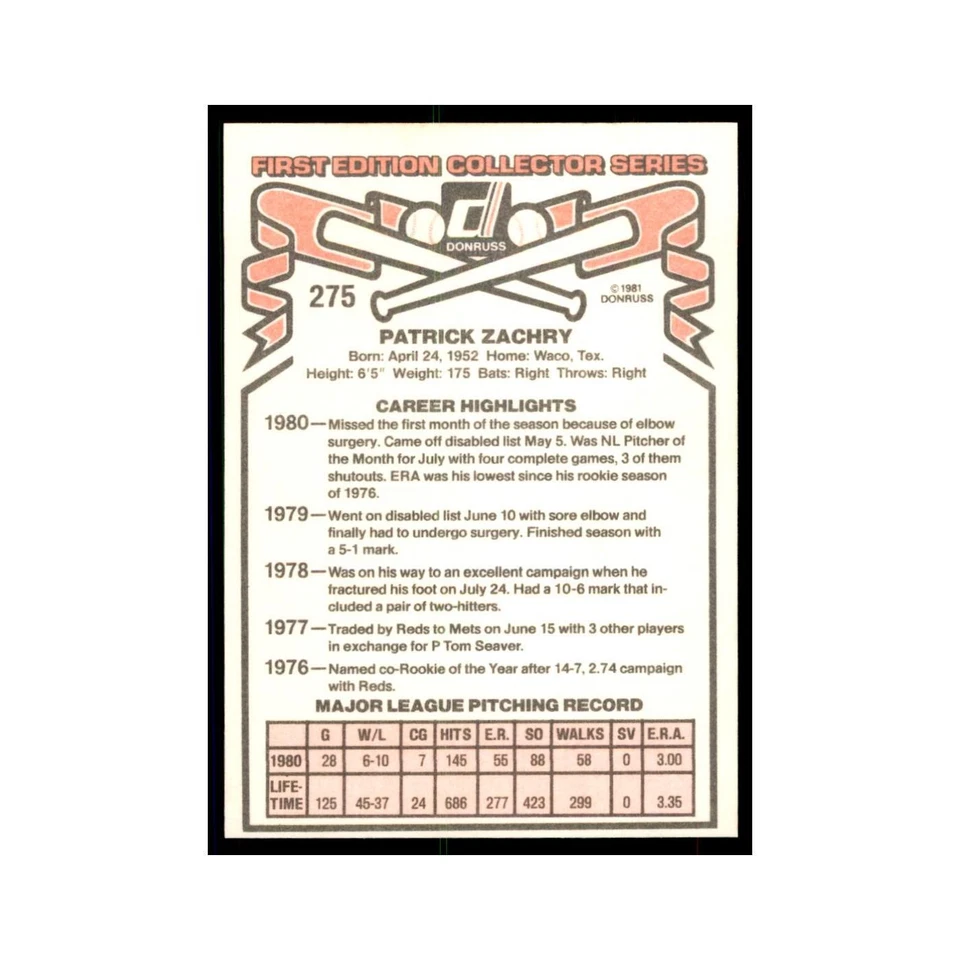 1981 Donruss Pat Zachry Baseball Cards #275 - Image 2 of 3