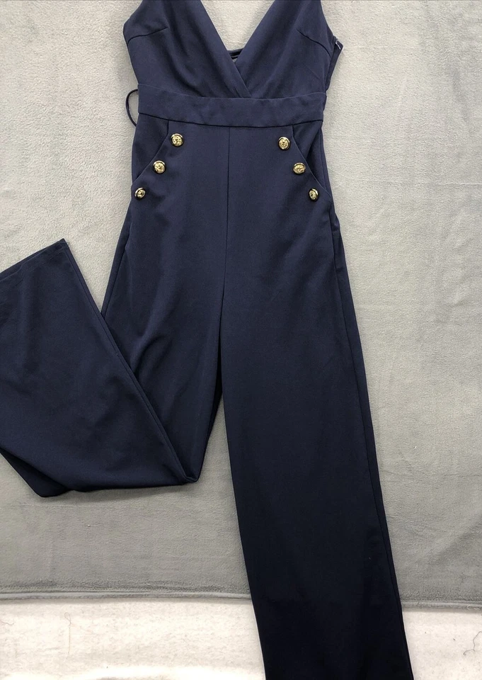 Agaci Women’s Jumpsuit M Blue Pockets Strappy Back Pockets Gold Buttons - Image 2 of 4