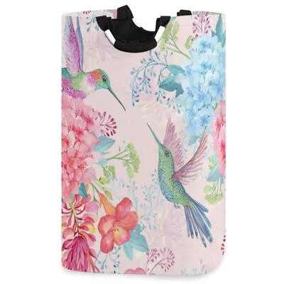 VISESUNNY Hummingbird and Pink Flower Laundry Hamper with Handle Foldable Bag