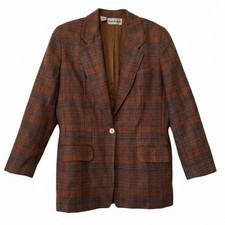 Anne Klein II Women's Plaid Blazer Brown Tan Blue Wool Blend Size 10 Office