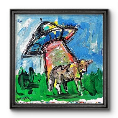 Aleph Hand Painted Ufo Alien Cow 12x12 Acrylic Painting Textured Wall Art Canvas
