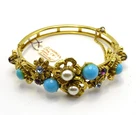 Vtg. Signed Florenza Turquoise Pearl Crystal Costume Jewelry Bracelet - 06