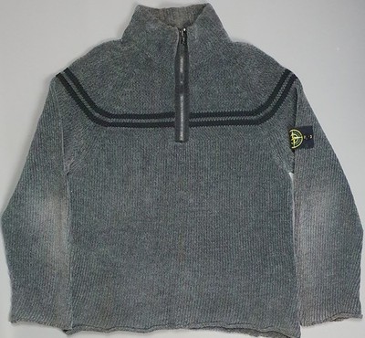 Herren Stone Island 1/4 Zip Pullover Grau Strick Streifen Größe XL Badge Smock