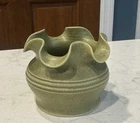 Pigeon Forge Pottery light speckled green ruffled Rim Pot Dish SIGNED D. Bowling