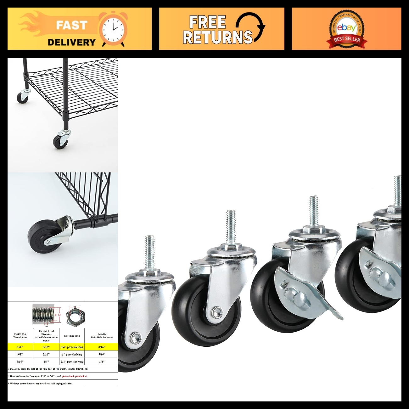 Rubber Wheel Thread Set of 4 Heavy Duty 2 Inch Rubber Caster Wheels, 1/4
