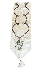 Vintage Christmas Cream Embossed Table Runner Holly Berries Tassels 88 x 13.5"