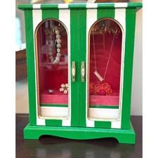 Hand-Painted Wooden Jewelry Box  Green Striped Glass Display, Vintage Organizer