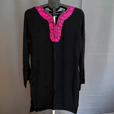 Rani Fashion Women s Black Kurta Tunic Top XL Pink Embroidered Neckline EUC
