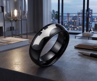 Batman Print on a Black Stainless Steel DC Width 8 mm Band Ring R380