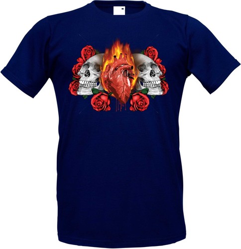 T-Shirt IN Navyblauton con Un Gotico Tatuaggio - Vecchio Scuola Teschi Fiamme - 第 1/2 張圖片