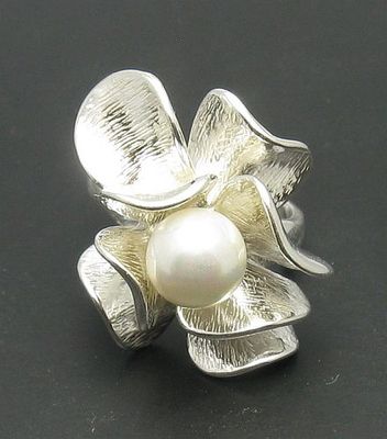 Genuine Sterling Silver Ring Flower with Bead Solid Punctured 925 Handmade