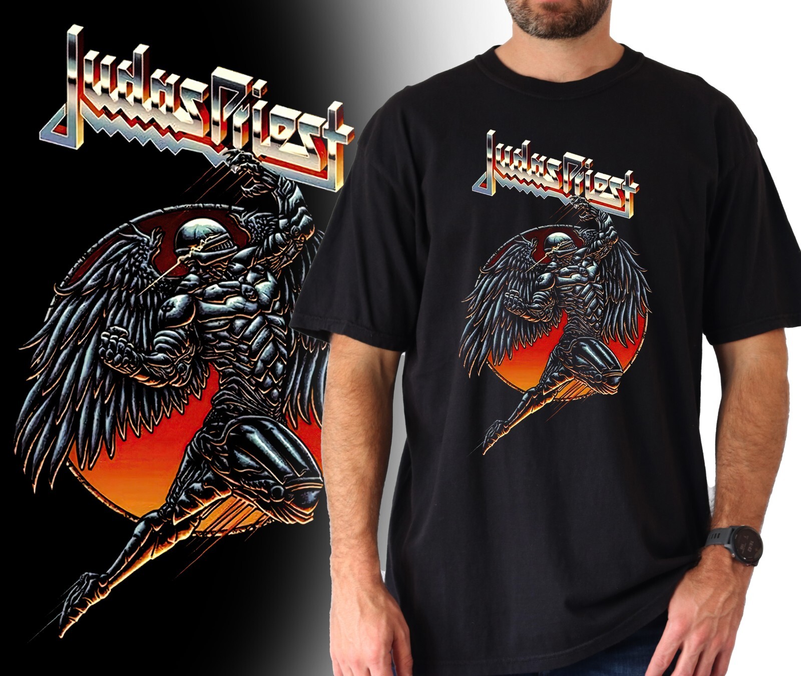 Camiseta negra transpirable poliéster imagen logotipo Judas Priest - música heavy metal