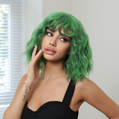 Short Synthetic bob Wig Short Wavy Wig with Bangs Heat  display picture 1