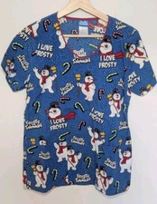Frosty the Snowman Scrub Top Women's Size Small Blue Frosty Cotton Pockets
