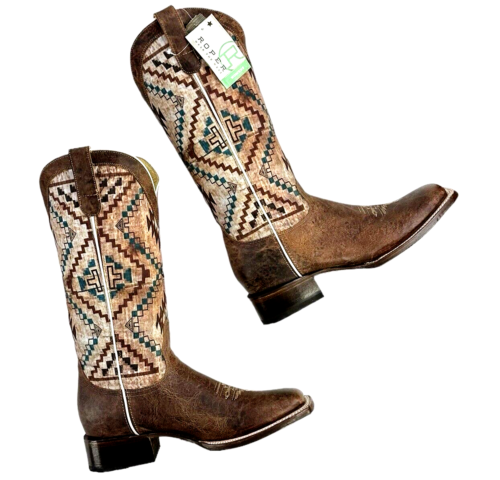 ROPER Margo Aztec Print Square Toe Boots Womens Sz 6.5 M Vintage Brown NEW $236