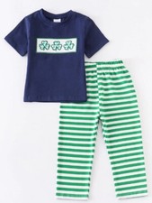 NEW Boutique St Patrick's Smocked Shamrock Boys Outfit Set