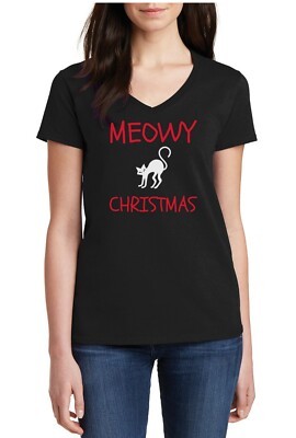 Womens V-neck Meowy Christmas T Shirt Gift Ugly Sweater Funny Cat Lover Tshirt