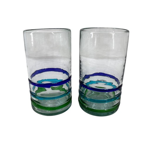 Mexican Hand Blown 2 Tumblers Highball Blue Green Teal Stripes 20 oz Bubbled - Picture 2 of 11