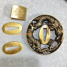 Brass Carved Dragon Hand Guard Tsuba Habaki Seppas F Japanese Katana Sword Parts