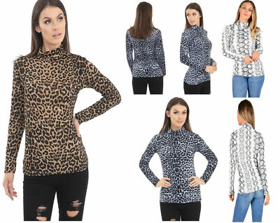 Damen-T-Shirt Leopardendruck langärmelig Schildkröte Poloshirt Top UK 8-26 neu