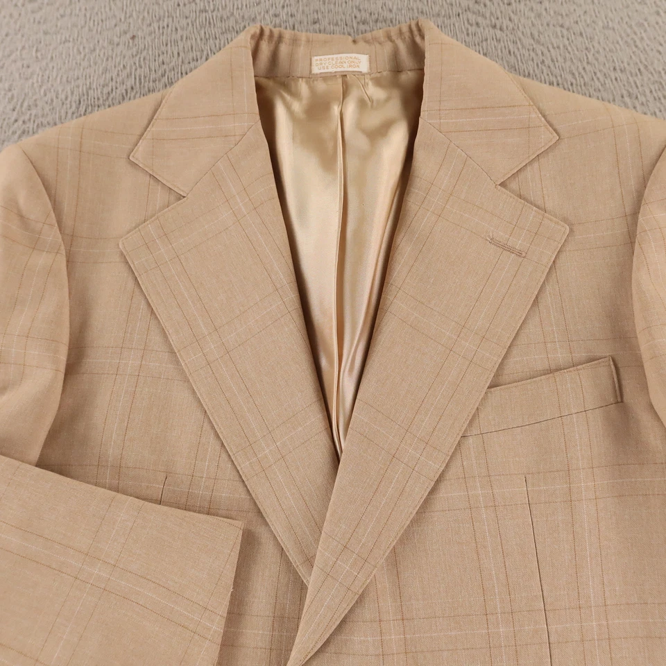 复古 Windowpane 格纹夹克 S 米色涤纶羊毛西装外套运动外套 38S — 第 2/4 张图片