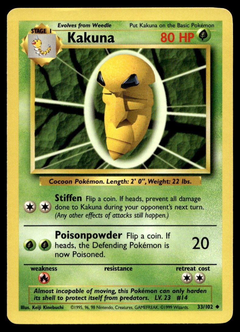 Kakuna 33/102 Pokemon Card Base Set Uncommon 80 HP Near Mint A16
