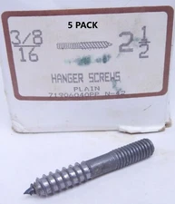 5 PACK - 3/8"-16 x 2-1/2" HANGER BOLT UNPLATED STEEL 7/8" MACHINE THREAD (ES)